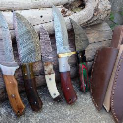 Lot de 5 Skinner Poignard Couteau Damas Lame 256 Couches Manche Bois Fabrication Artisanale 01