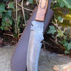 Couteau Bowie De Chasse Manche 3 Bois Lame Clip Point Acier Damas 256 Couches Etui Cuir F Artisanale