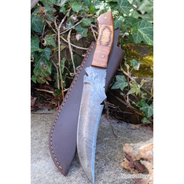 Couteau Bowie De Chasse Manche 3 Bois Lame Clip Point Acier Damas 256 Couches Etui Cuir F Artisanale