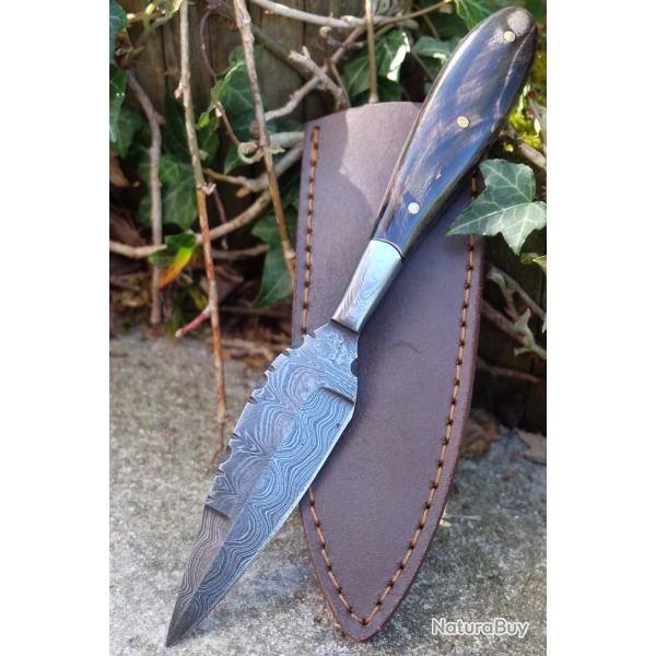 Couteau De Chasse Skinner Lame Acier Damas 256 Couches Manche Corne de Buffalo Etui Cuir Camping