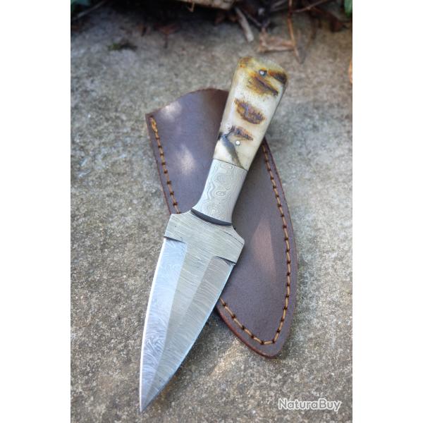 Couteau De Chasse Dague Lame Acier Damas 256 Couches Manche Corne de B�lier Etui Cuir Camping