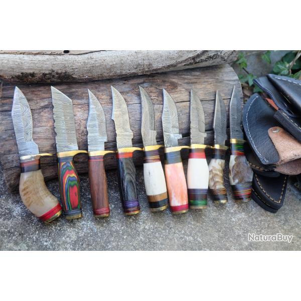 LOT DE 9 Couteau Skinner Damas Lame 256 Couches Manche Os/Bois Cerf/Bois/B�lier Artisanale Etui Cuir