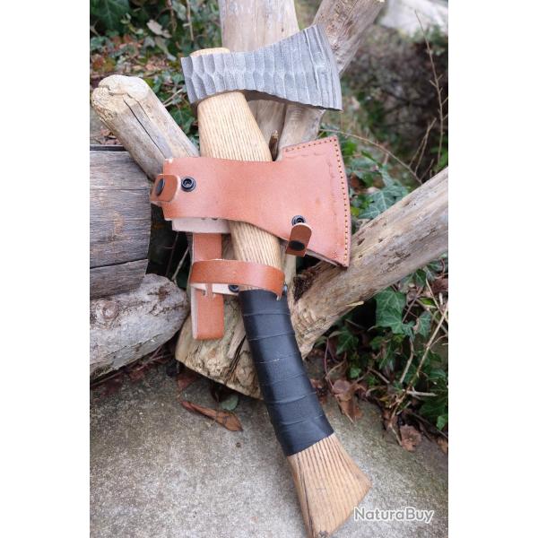 Belle Hache de Chef Viking Lame Acier Carbone 1075 Fa�on Silex Manche Bois Etui Cuir Fab Artisanale