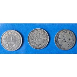 Lot 3 pi&egrave;ces argent anciennes France + Suisse (1 franc, Helvetia)