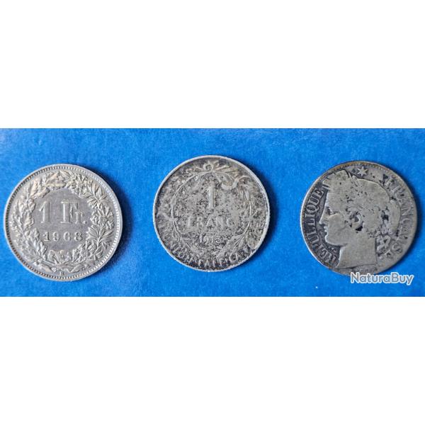 Lot 3 pi�ces argent anciennes France + Suisse (1 franc, Helvetia)