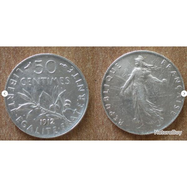 France 50 Centimes 1912 Piece Argent Semeuse Centime