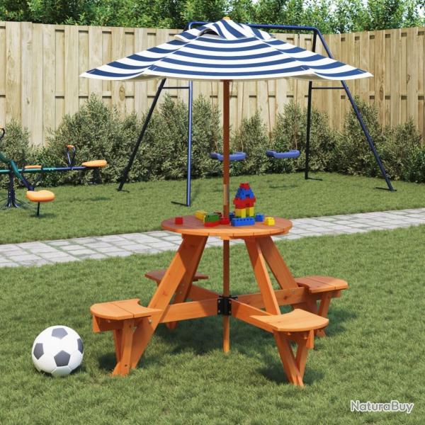 Table de pique-nique pour 4 enfants avec parasol rond sapin