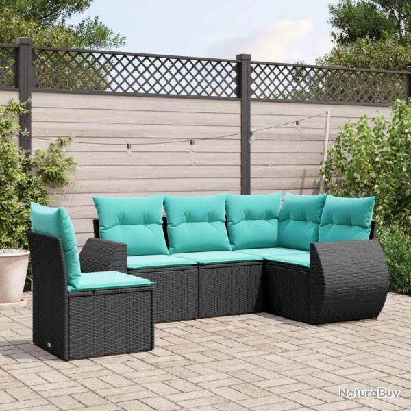 Salon de jardin 5 pcs avec coussins noir r�sine tress�e