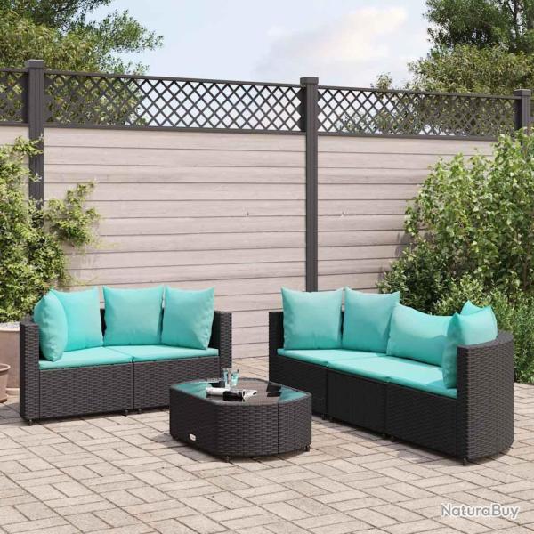 Salon de jardin 6 pcs avec coussins noir r�sine tress�e