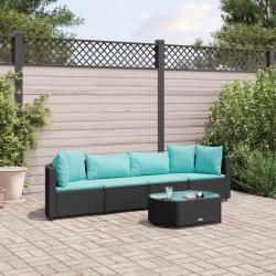 Salon de jardin 5 pcs avec coussins noir r&eacute;sine tress&eacute;e
