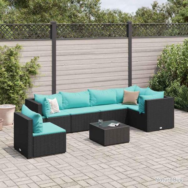 Salon de jardin 7 pcs avec coussins Noir R�sine tress�e