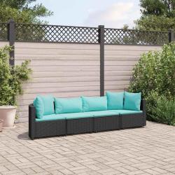 Salon de jardin 4 pcs avec coussins noir r&eacute;sine tress&eacute;e