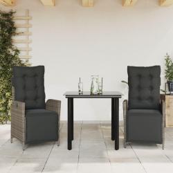 Ensemble &agrave; manger de jardin 3 pcs coussins gris r&eacute;sine tress&eacute;e
