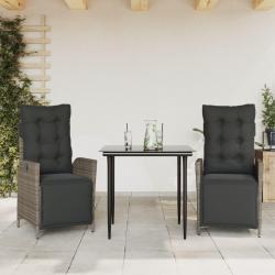 Ensemble &agrave; manger de jardin 3 pcs coussins gris r&eacute;sine tress&eacute;e