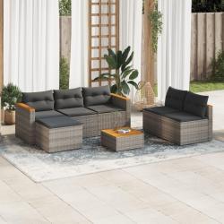 Salon de jardin 5 pcs avec coussins gris r&eacute;sine tress&eacute;e acacia