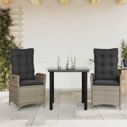 Ensemble &agrave; manger de jardin 3 pcs coussins gris r&eacute;sine tress&eacute;e