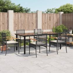 Ensemble &agrave; manger de jardin coussins 7pcs Noir R&eacute;sine tress&eacute;e