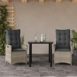 Ensemble &agrave; manger de jardin 3pcs coussins gris clair poly rotin