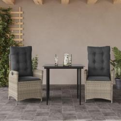 Ensemble &agrave; manger de jardin 3pcs coussins gris clair poly rotin
