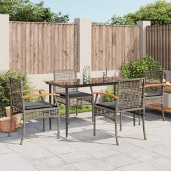 Ensemble &agrave; manger de jardin 5 pcs coussins gris r&eacute;sine tress&eacute;e