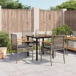 Ensemble &agrave; manger de jardin 5 pcs coussins gris r&eacute;sine tress&eacute;e