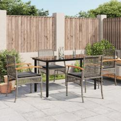 Ensemble &agrave; manger de jardin 5 pcs coussins gris r&eacute;sine tress&eacute;e
