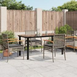 Ensemble &agrave; manger de jardin 5 pcs coussins gris r&eacute;sine tress&eacute;e