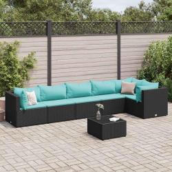 Salon de jardin 7 pcs avec coussins Noir R&eacute;sine tress&eacute;e