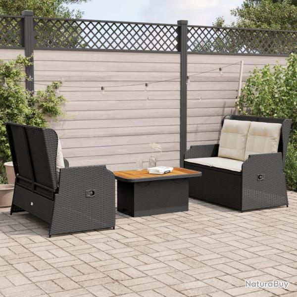 Salon de jardin 3 pcs avec coussins Noir R�sine tress�e