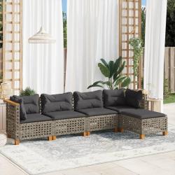 Salon de jardin 5 pcs avec coussins gris r&eacute;sine tress&eacute;e