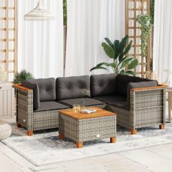 Salon de jardin 5 pcs avec coussins gris r&eacute;sine tress&eacute;e