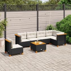 Salon de jardin 7 pcs avec coussins noir r&eacute;sine tress&eacute;e