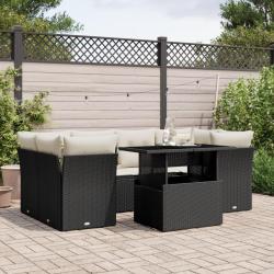 Salon de jardin 7 pcs avec coussins noir r&eacute;sine tress&eacute;e