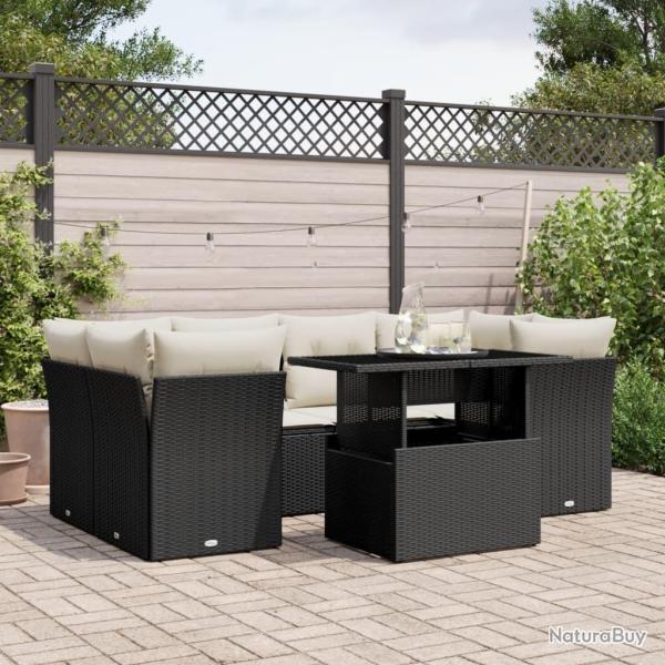 Salon de jardin 7 pcs avec coussins noir r�sine tress�e