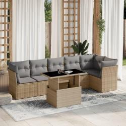 Salon de jardin avec coussins 7 pcs beige r&eacute;sine tress&eacute;e