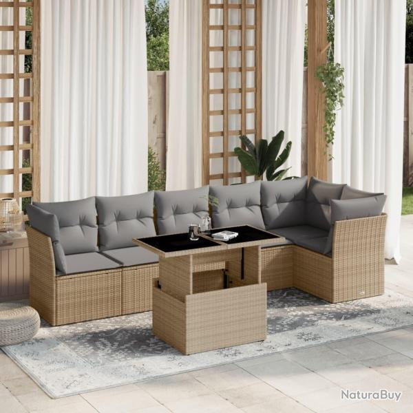 Salon de jardin avec coussins 7 pcs beige r�sine tress�e