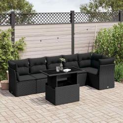 Salon de jardin 7 pcs avec coussins noir r&eacute;sine tress&eacute;e