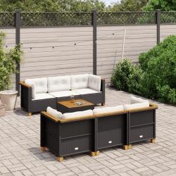 Salon de jardin 7 pcs avec coussins noir r&eacute;sine tress&eacute;e