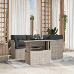 Salon de jardin 5 pcs avec coussins gris clair r&eacute;sine tress&eacute;e