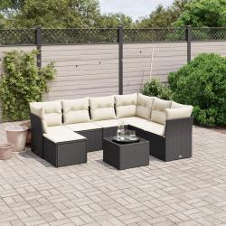 Salon de jardin 8 pcs avec coussins noir r&eacute;sine tress&eacute;e