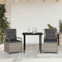 Ensemble &agrave; manger de jardin 3pcs coussins gris clair poly rotin