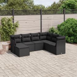 Salon de jardin 7 pcs avec coussins noir r&eacute;sine tress&eacute;e