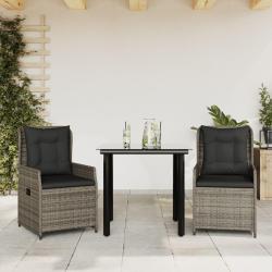 Ensemble &agrave; manger de jardin 3 pcs coussins gris r&eacute;sine tress&eacute;e