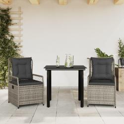 Ensemble &agrave; manger de jardin 3 pcs coussins gris r&eacute;sine tress&eacute;e