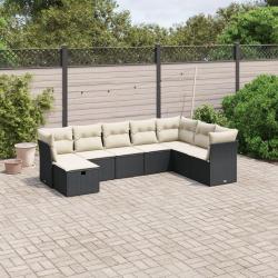 Salon de jardin 8 pcs avec coussins noir r&eacute;sine tress&eacute;e