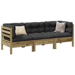Salon de jardin 3 pcs avec coussins bois de pin impr&eacute;gn&eacute;
