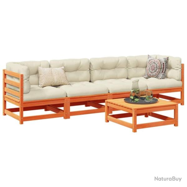 Salon de jardin 5 pcs avec coussins cire marron bois pin massif