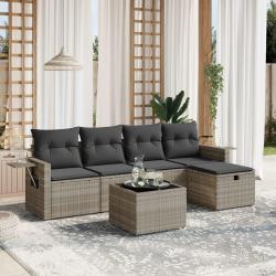 Salon de jardin 6 pcs avec coussins gris clair r&eacute;sine tress&eacute;e