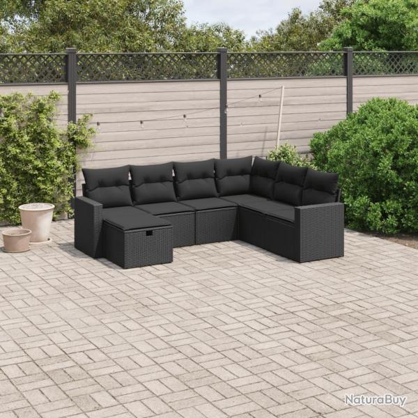 Salon de jardin 7 pcs avec coussins noir r�sine tress�e