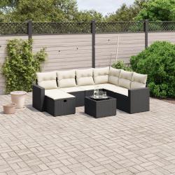Salon de jardin 8 pcs avec coussins noir r&eacute;sine tress&eacute;e